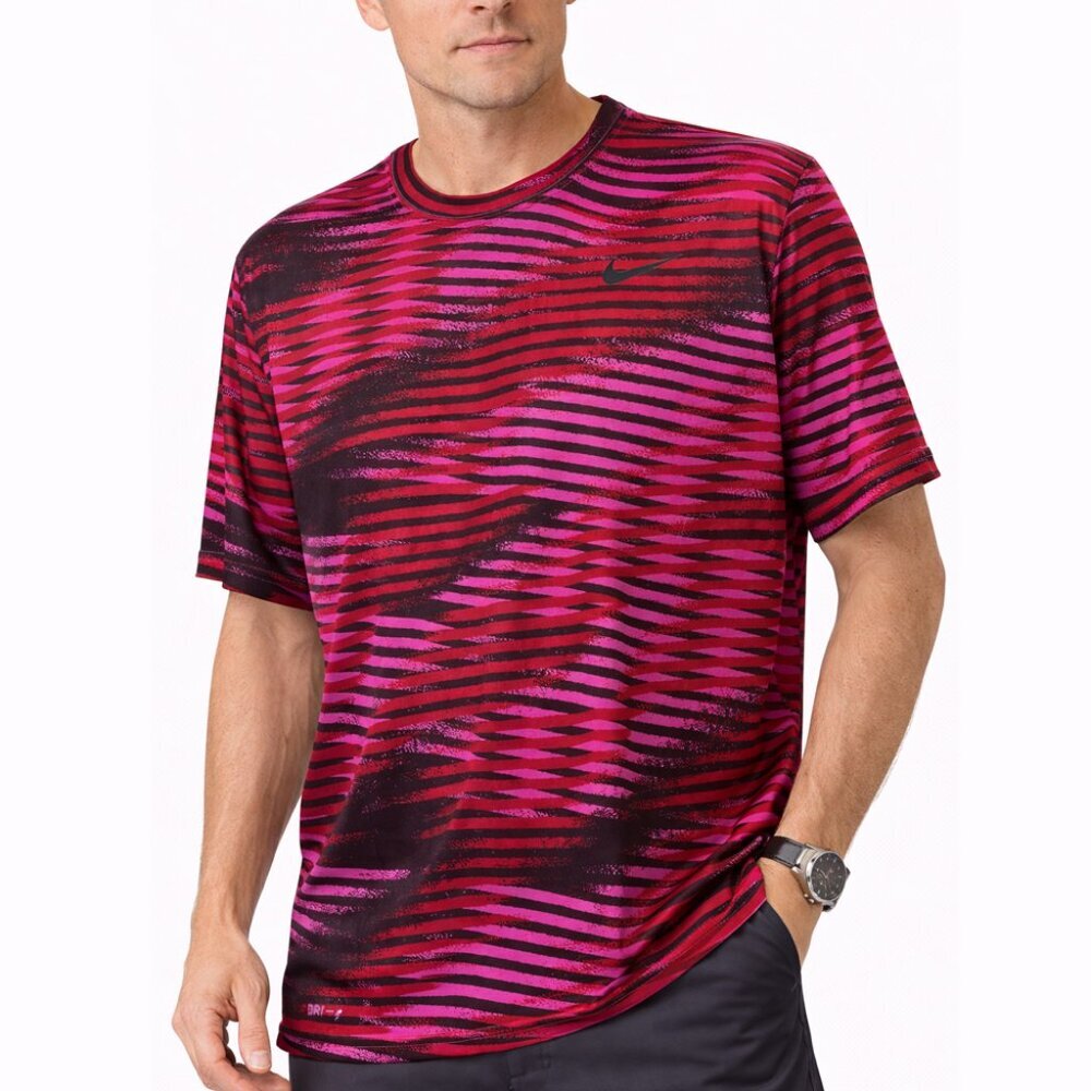 Nike Dri-FIT Men's Pink and Black Stripe Performance Tee - Size Large